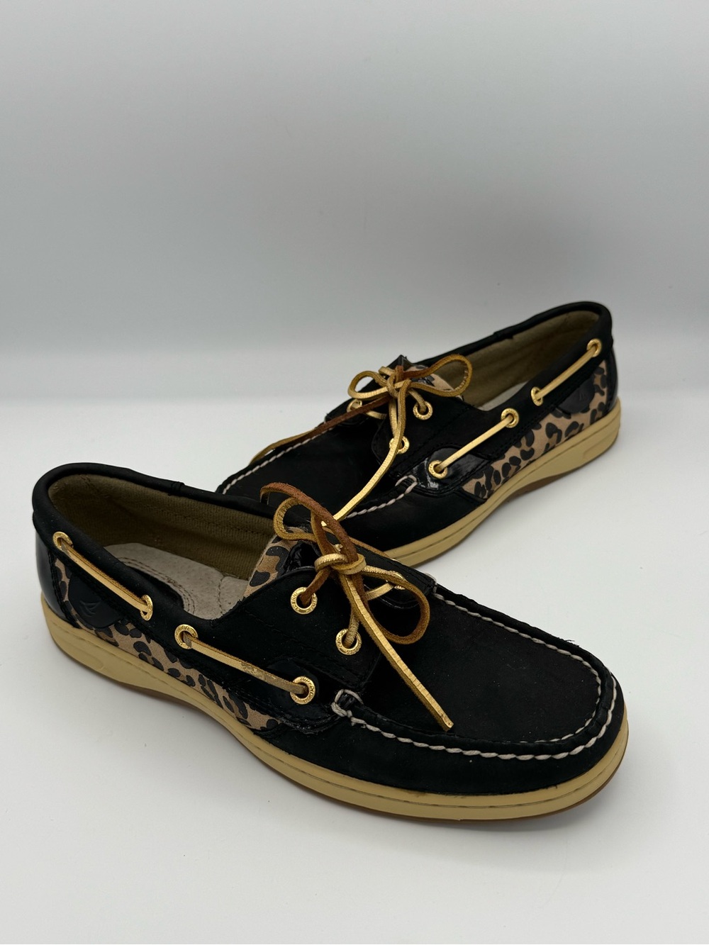 Sperry Top Sider Women’s Leather Leopard Cheetah Print Boat Shoes-Gold & Black